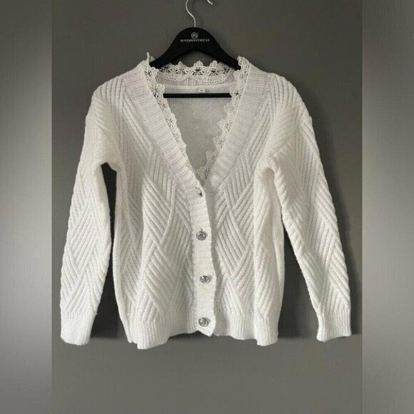 Coquette Knit Cardigan Lace Trim & Crest Buttons Fairycore Sweater - Picture 2 of 12